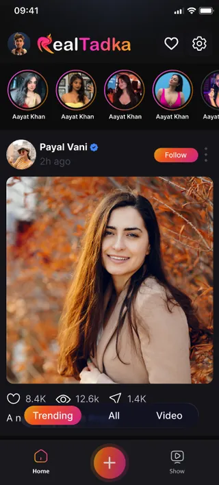 Real Tadka mobile app home feed showing stories, a photo post, reactions and navigation